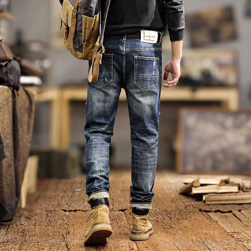 JXNS3 New American retro washed jeans men do old heavyweight design sense splicing Slim small leg trousers tide W250701 W250701