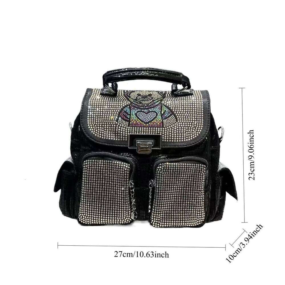 Ladies' Fashionable Shiny Elegant Dia Embellished Shoulder With Multiple Pockets, Cute Little Bear Diagonal Cross Bag