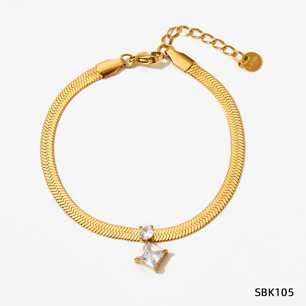 European and American Blogger Single Diamond Rhombus Zircon Stainless Steel Clavicle Chain Women Color-Retaining Flat Snake Bone Bracelet Jewelry Fact