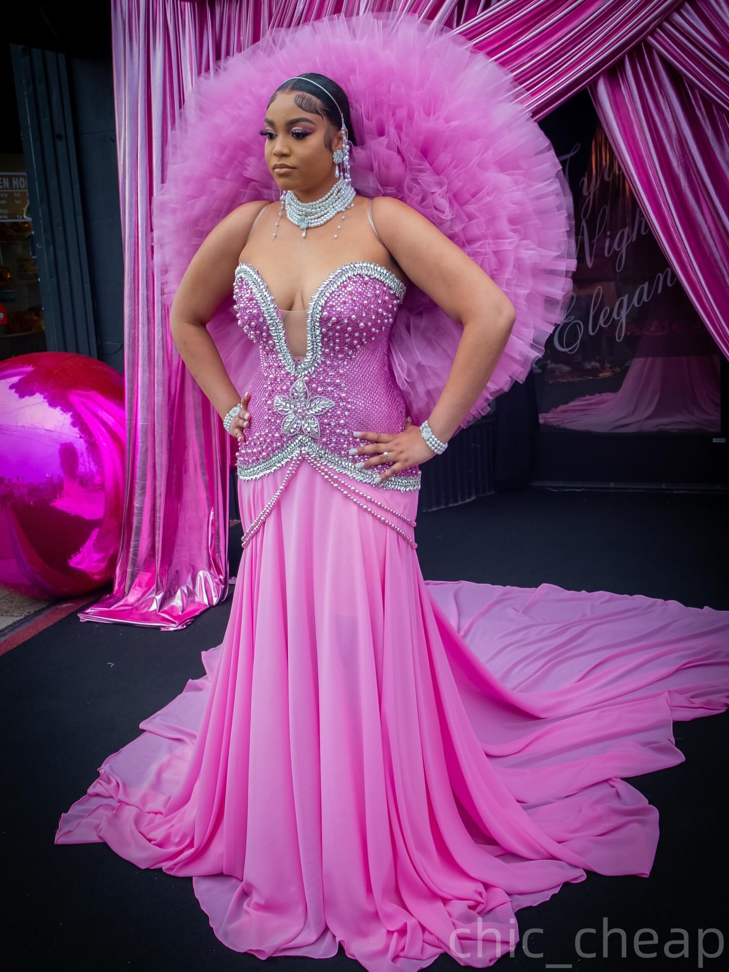 Mermaid Pink Prom Dresses 2025 Crystals Chiffon Pearls Tiers Tulle Evening Formal Party Second Birthday Engagement Gowns Plus Size Dress For Special O