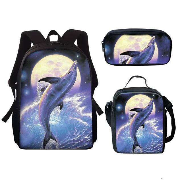 Fashion Novelty Cool Dolphin 3D Print 3pcs/Set pupil School Bags Laptop Daypack Backpack Lunch bag Pencil Case