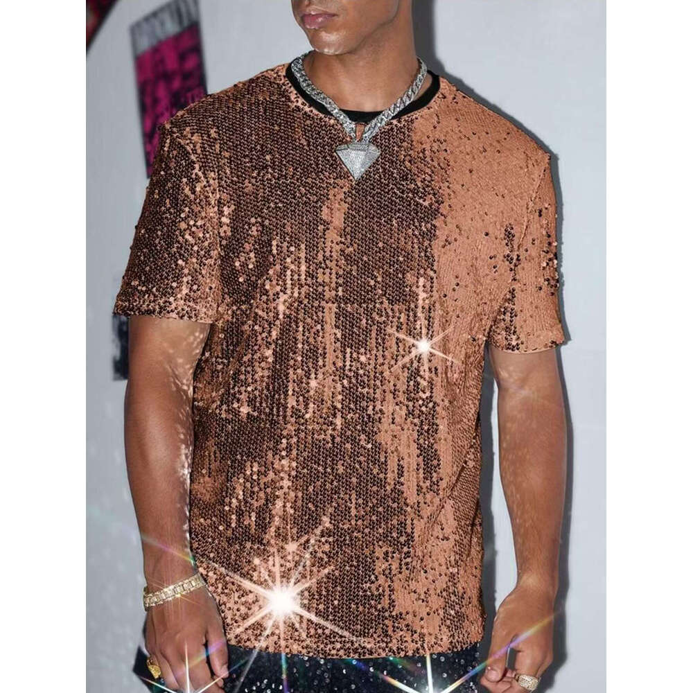 Cross-Border Summer New Sequin Short men dress shirt up shirts Sleeve T-Shirt Men's European And American Performance Costume Shiny Singer Outfit