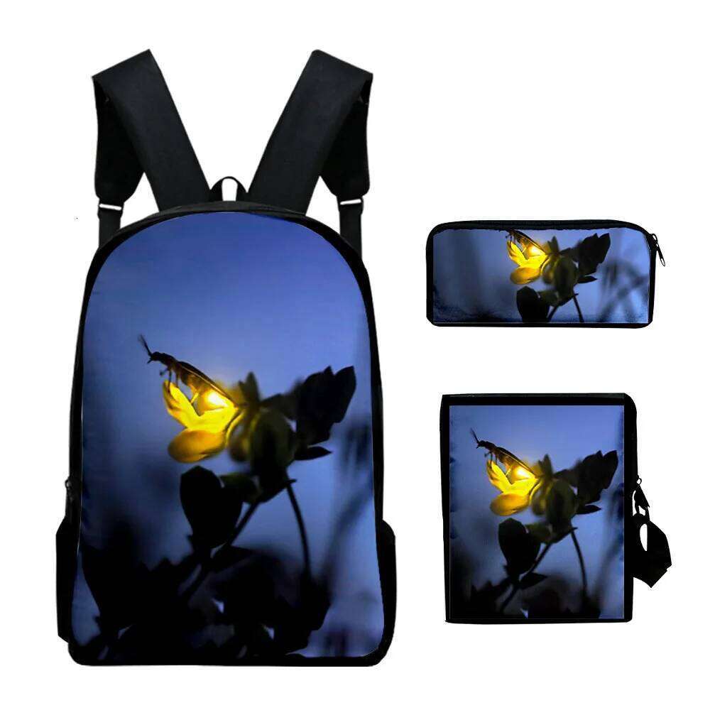 Novelty Cool Fireflies 3D Print 3pcs/Set pupil School Bags Laptop Daypack Backpack Inclined shoulder bag Pencil Case