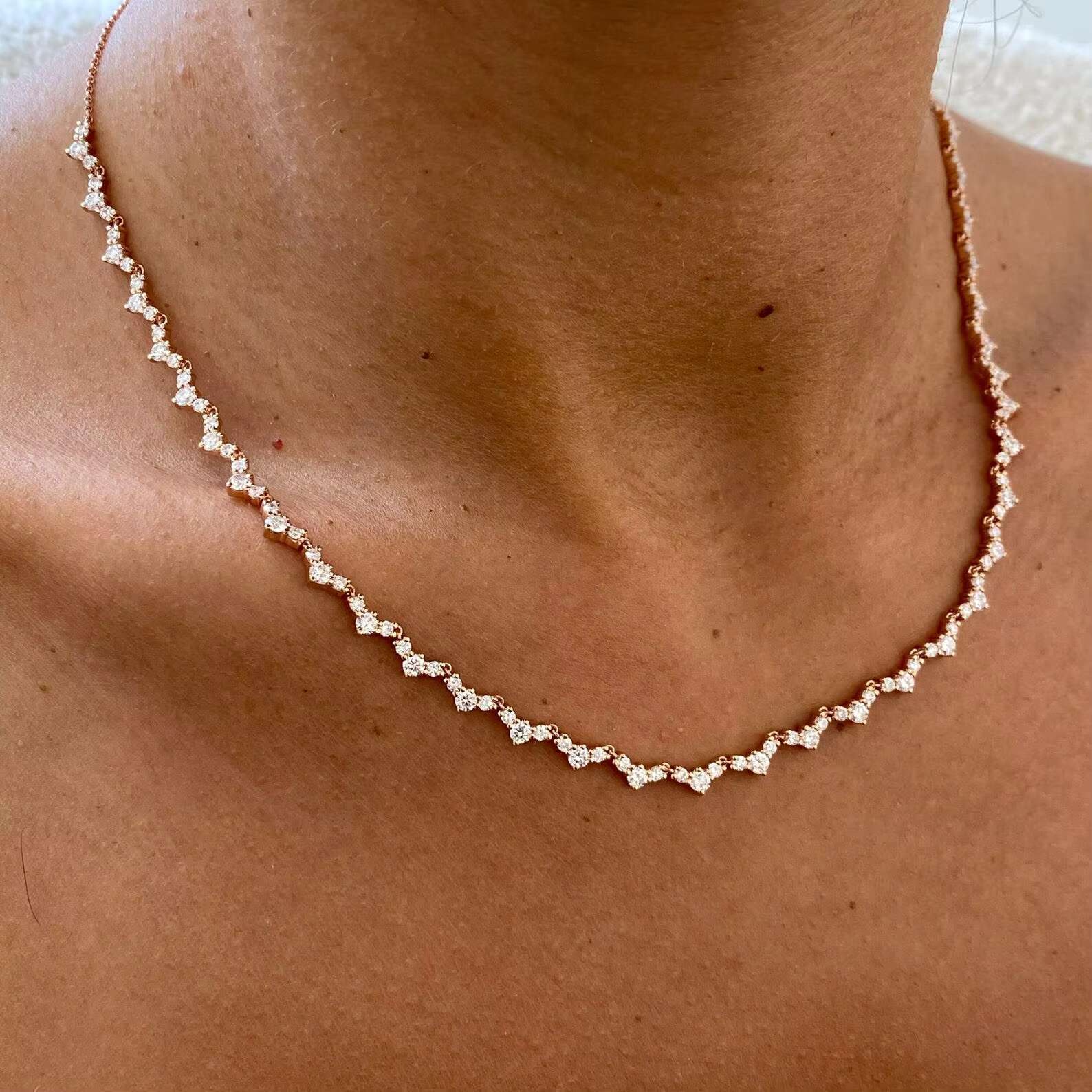 Rose Gold Plated Chain Necklace Round Cut Moissanite Diamond Tennis Necklace Diamond Jewelry Gift for Anniversary