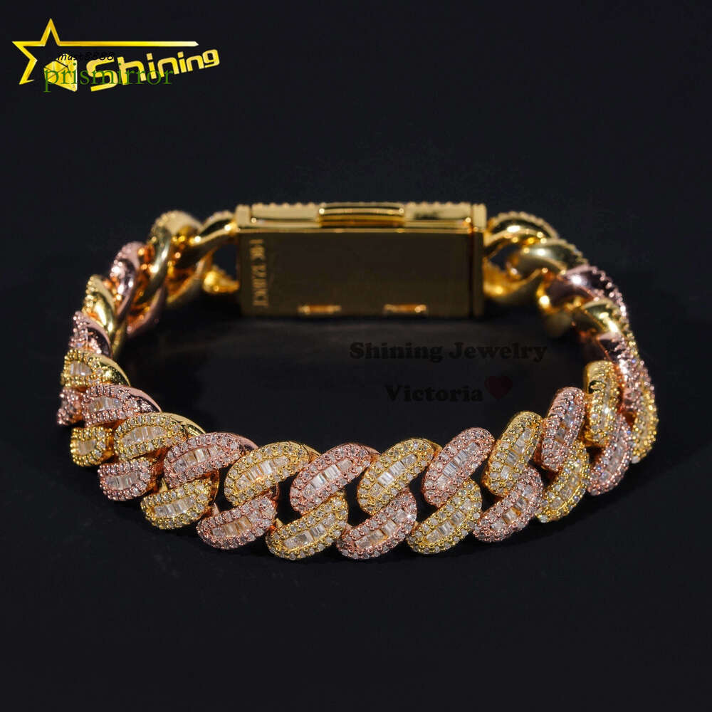 Hip Hop Iced Out Sterling Sier Rose Mix Yellow Gold 13MM Width Baguette Moissanite Cuban Link Chain Bracelet for Men