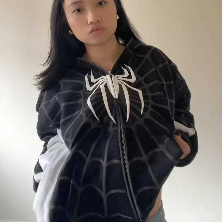 Men Spider Print Hoodies Women Hip Hop Zipper Long Sleeve Jacket Coats Y2k Autumn Winter Harajuku Casual Loose Hooded Sweatshirt X250701