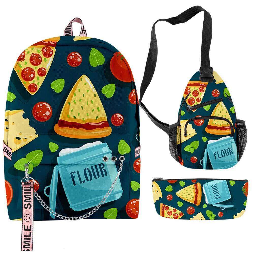 Novelty Trendy Cool Creative food 3D Print 3pcs/Set School Bags multifunction Travel Backpack Chest Bag Pencil Case