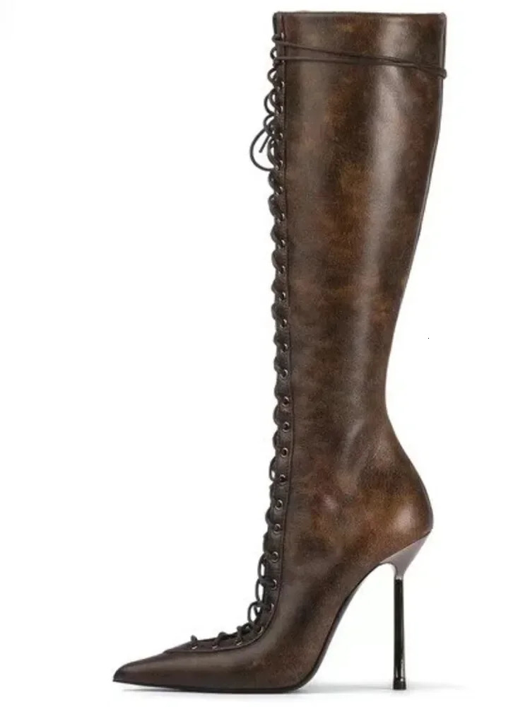 2025 Spring/Summer Lace Up Short Cool Boots Side Zipper Banquet Slimming High Heels Sexy Knee Length Womens Boots 250625