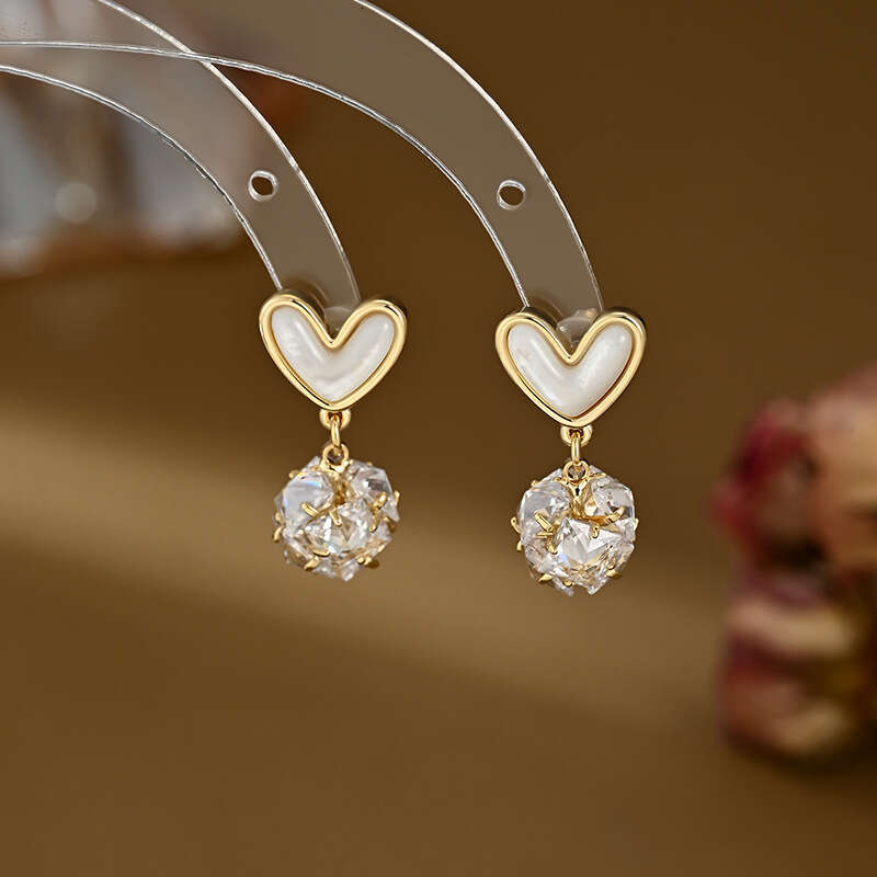 DHCollections Spring Summer Zircon Flower Stud Earrings - Korean Fashion High-End Mother-of-Pearl Heart Design - 14K Gold Plated Needle Earrings for W