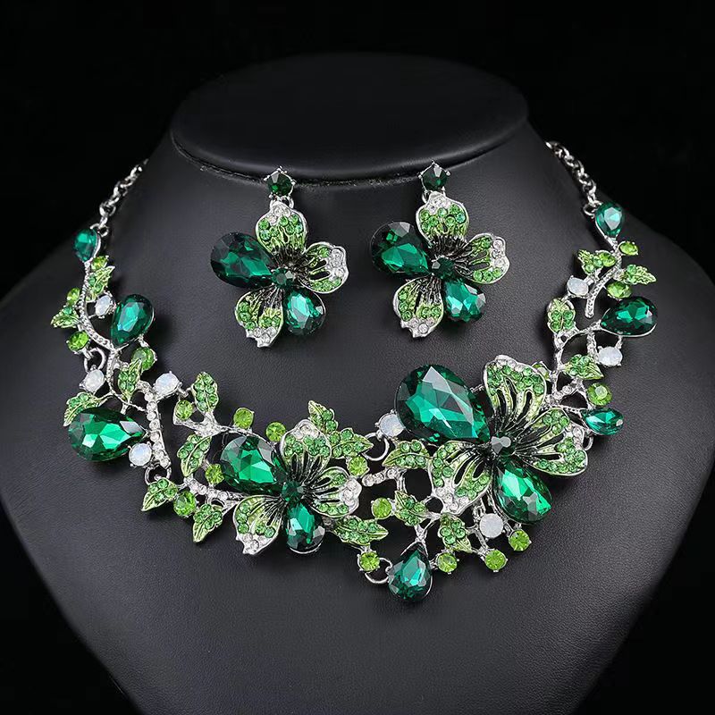 European and American rose flower colorful rhinestone glass jewelry set jewelry necklace colored handmade earrings fashion women's party wedding 