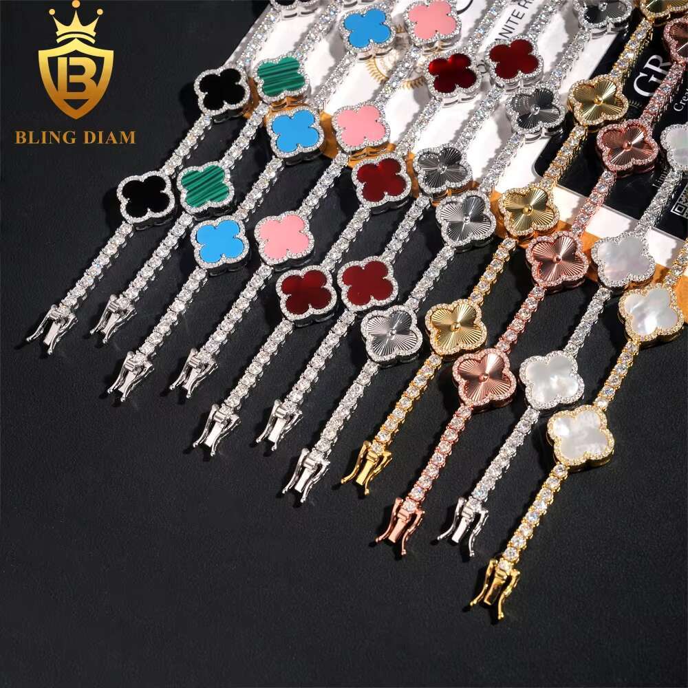 Fashion Flower Clover Leaf Moissanite Tennis Chain Moissanite Bracelet 925 Silver 3mm Moissanite Bracelet Pass Diamond test