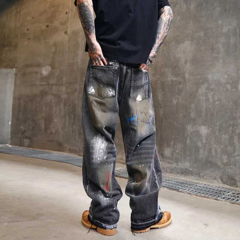 360 High Street Europe and the United States broken hole trend graffiti wide-leg jeans mens high-grade loose tide brand W250701 W250701