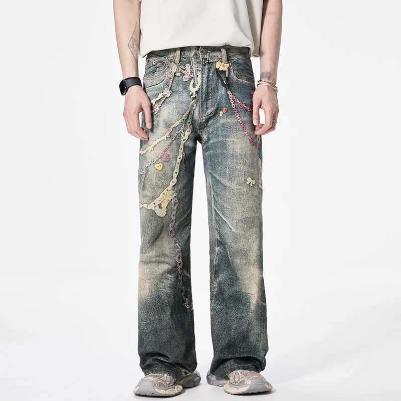 JK9673 American High Street3DDigital Printing Candy Chain Distressed Machete Jeans Mens Straight Casual Pants Trendy Couples W250701 W250701