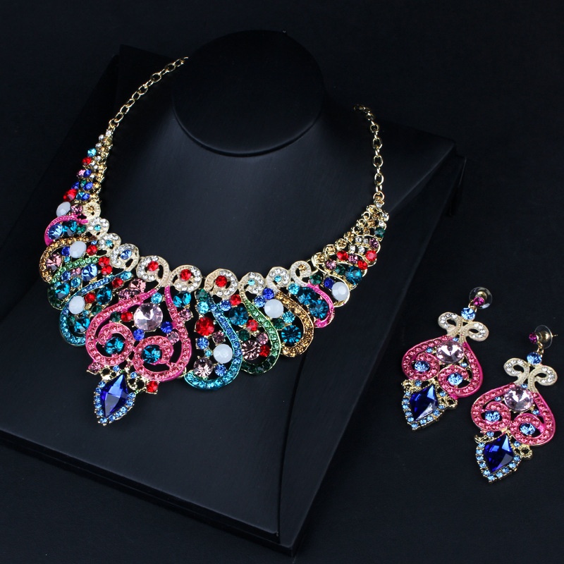 European and American exaggerated earrings necklace set blue glass rhinestone luxury bridal accessories women's accessories