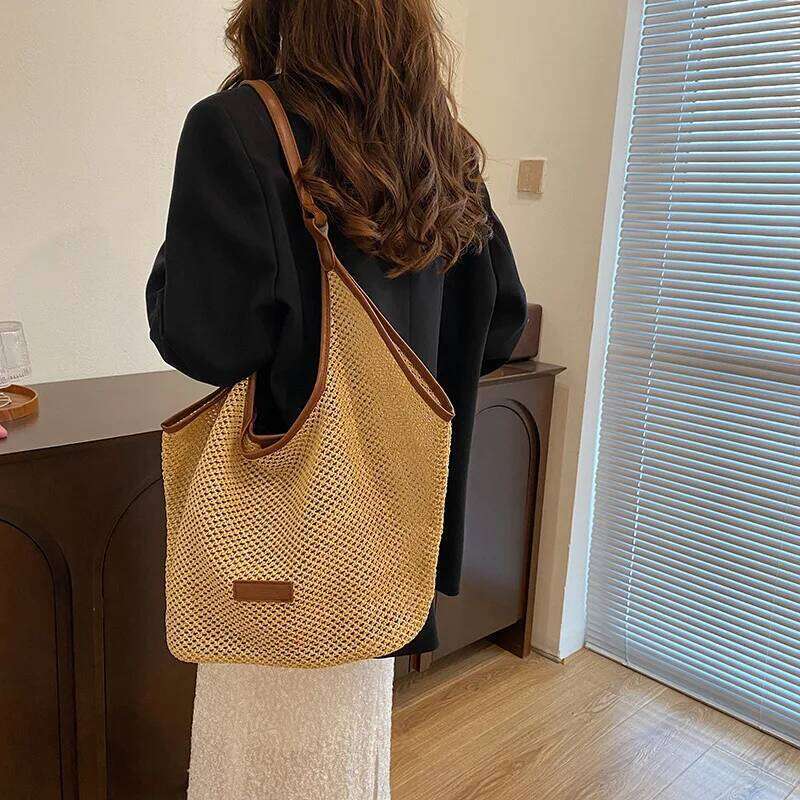 Woven Straw Shoulder Bag Summer Designer Bags Hollow Out Fashion Beach Bucket Handbag Bolso Marca Lujo 2025