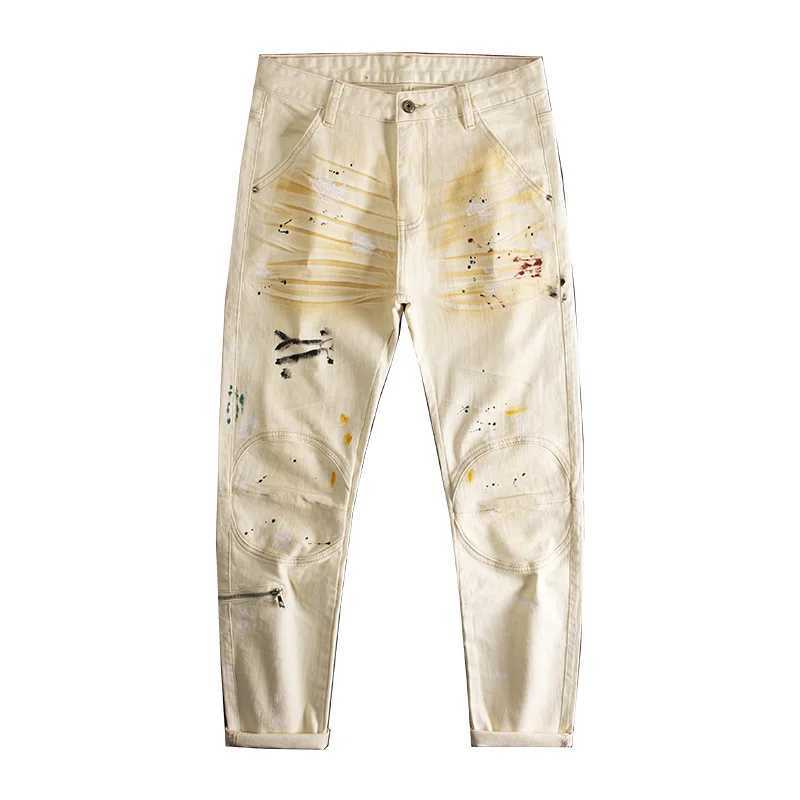 Graffiti Splashed Ink Patchwork Jeans Mens Beige High Street Cool Casual Fashion Elastic Zipper Slim Fit Small Leg Pants W250701 W250701