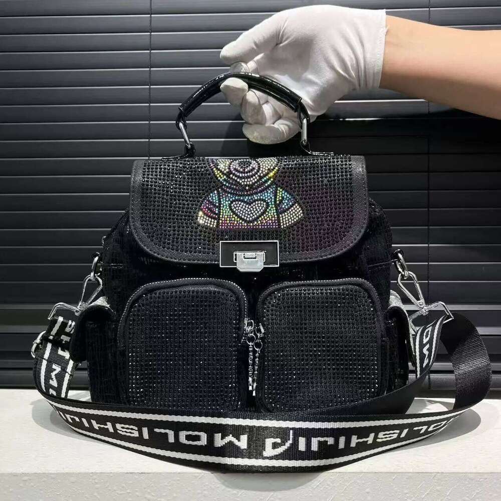 Ladies' Fashionable Shiny Elegant Dia Embellished Shoulder With Multiple Pockets, Cute Little Bear Diagonal Cross Bag