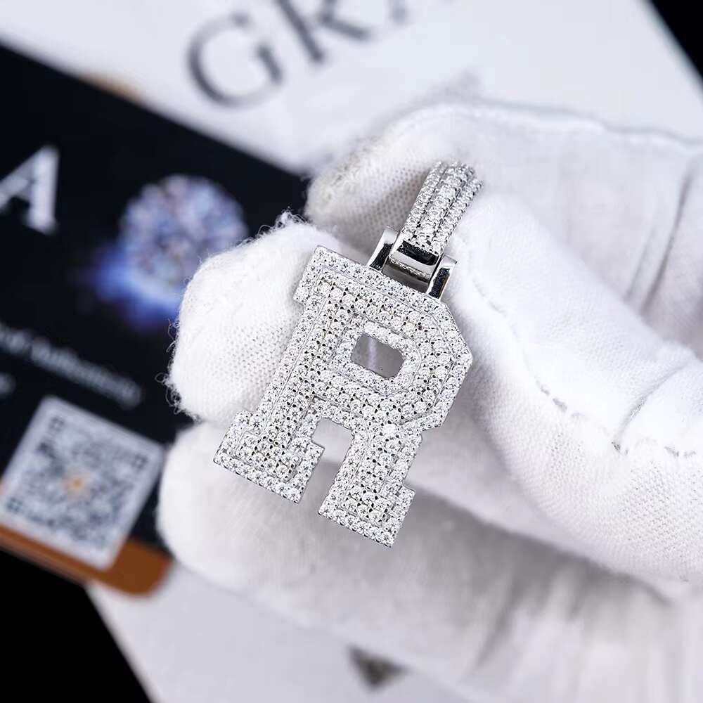 VVS1 Moissanite R Letter Necklace for Men 925 Sterling Silver Chain with GRA Certified Pendant Diamond Jewelry Charm