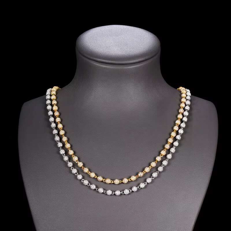 Moissanite Chain VVS Moissanite Ball Beads Bracelets Sterling Silver 925 Tennis Ball Moon White Moissanite Disco Necklace Hiphop