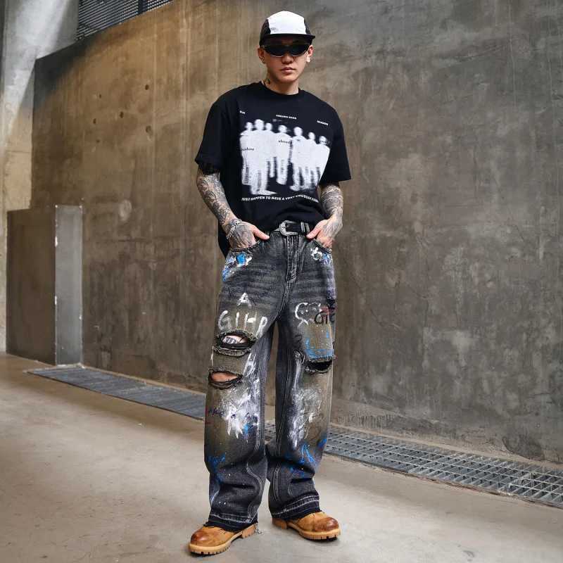 360 High Street Europe and the United States broken hole trend graffiti wide-leg jeans mens high-grade loose tide brand W250701 W250701