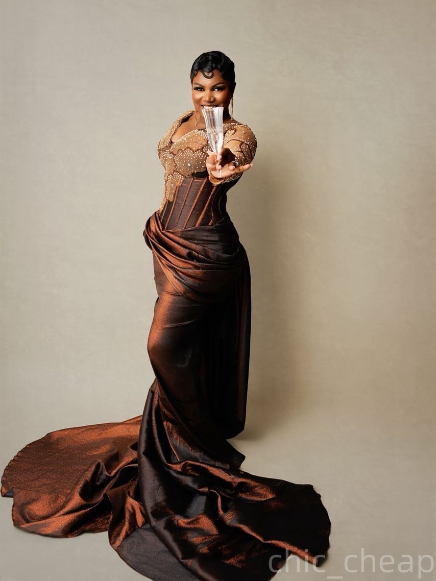 Mermaid Brown Prom Dresses 2025 Crystals Beaded Taffeta Illusion Evening Formal Party Second Birthday Engagement Gowns Plus Size Dress For Special Occ