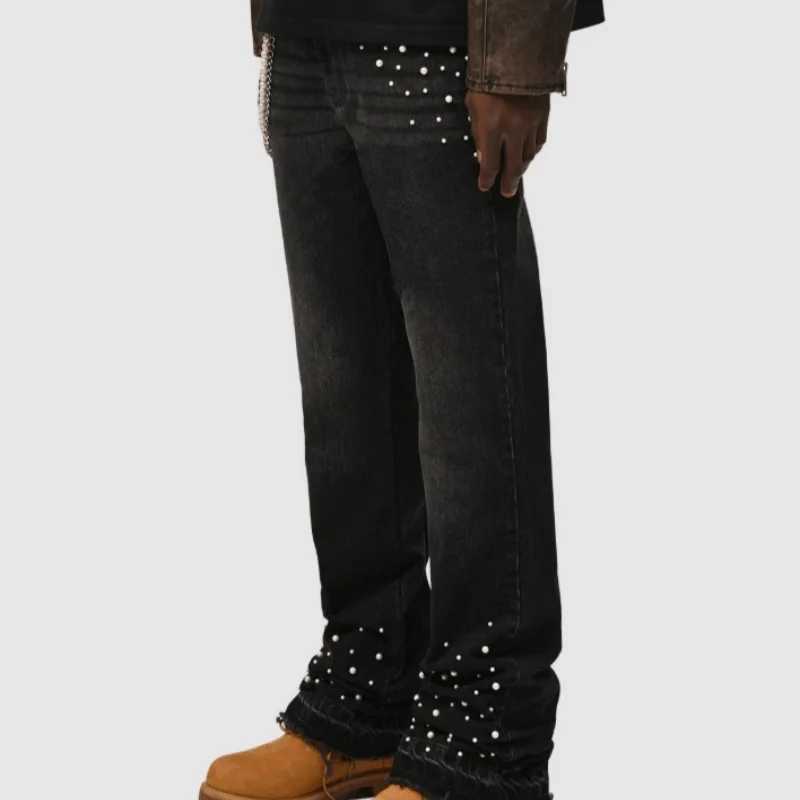 2025 New mens denim European and American street fashion Instagram hot item elastic stacked denim straight leg pants W250701 W250701