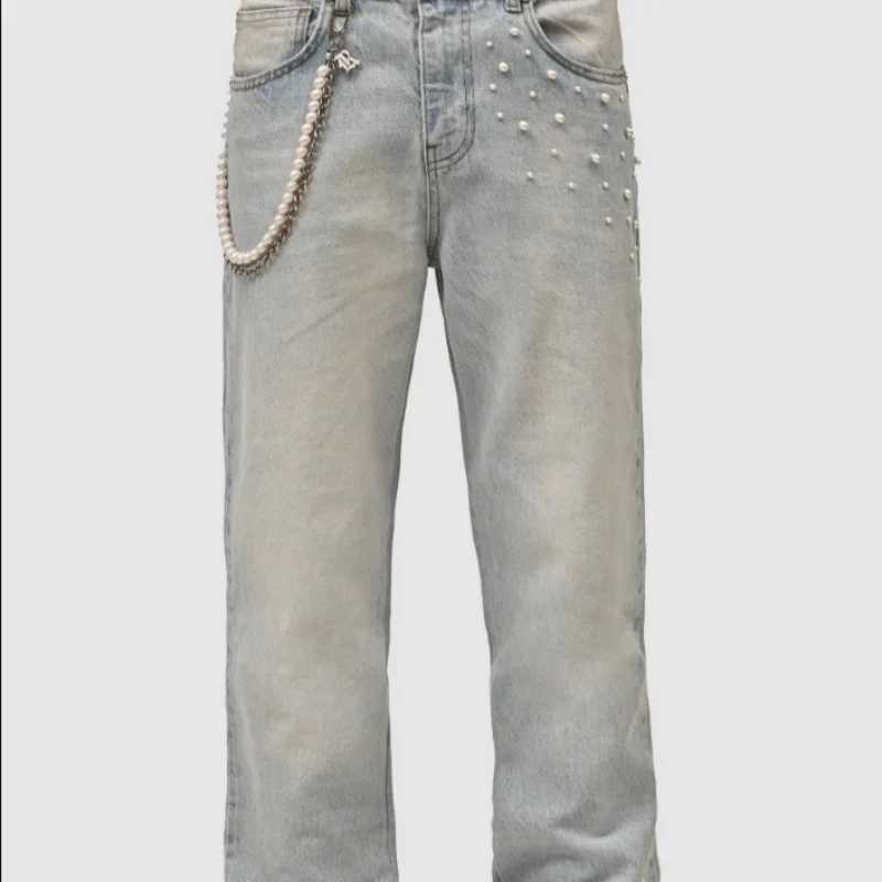 2025 New mens denim European and American street fashion Instagram hot item elastic stacked denim straight leg pants W250701 W250701