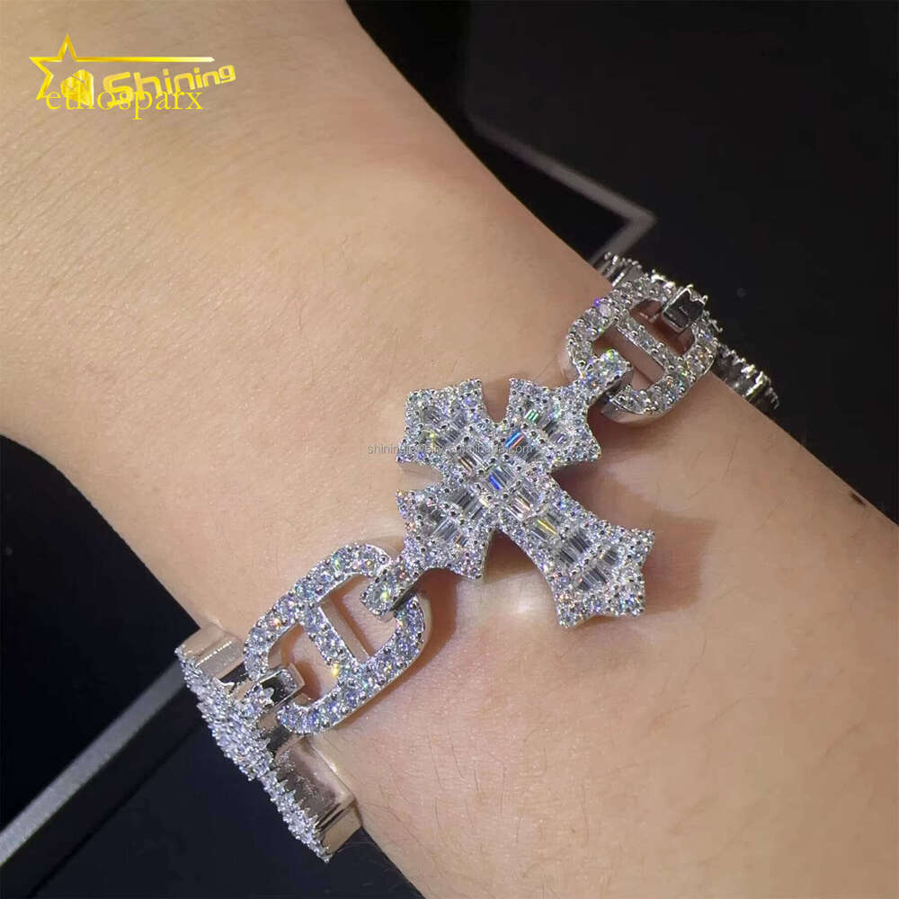 Rapper Jewelry Hot Selling New Arrivals Hip Hop VVS1 Moissanite Iced Out GRA Certificate S Sier Cuban Cross Bracelet Man