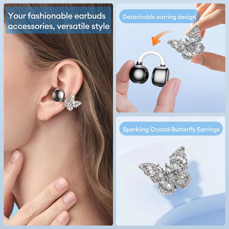 DHgargets HYUNDAI Clipbuds7 Butterfly Earrings Ear Clip - LED Display, Bluetooth 5.4, Dual-Mic Noise Reduction, Sports Earbuds with Smart Features