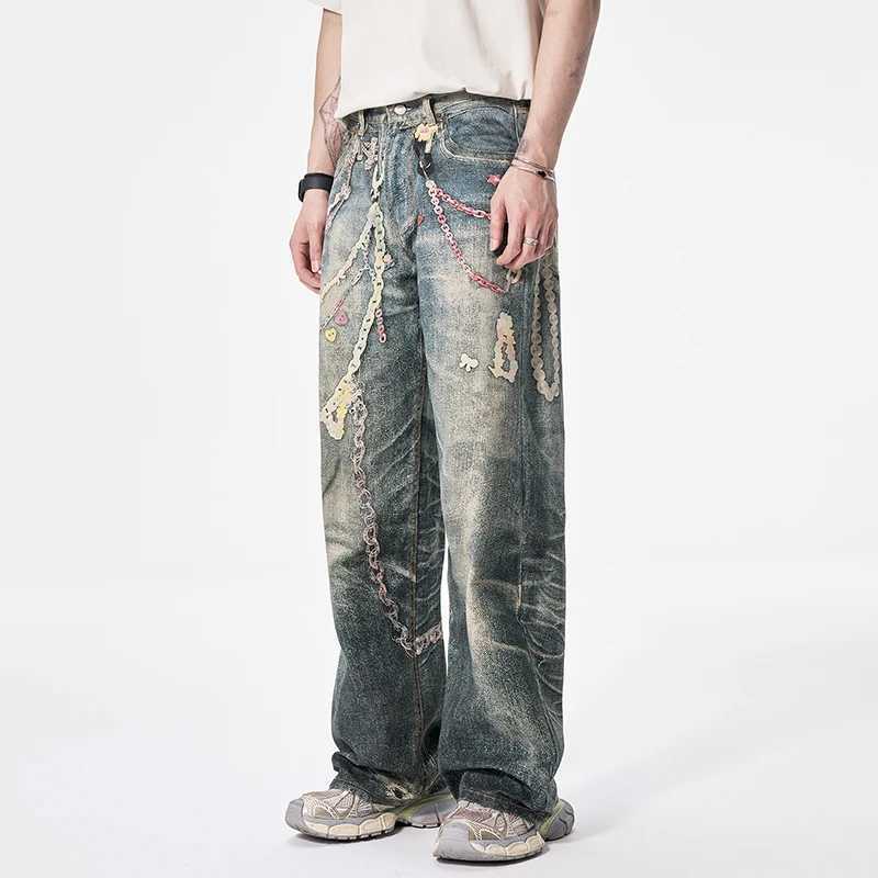 JK9673 American High Street3DDigital Printing Candy Chain Distressed Machete Jeans Mens Straight Casual Pants Trendy Couples W250701 W250701