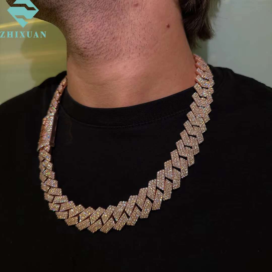 Rose God Plated Diamond Necklace 20mm 4Rows Mossanite Miami Chains S925 Silver Iced Out VVS Moissanite Cuban Link Chain