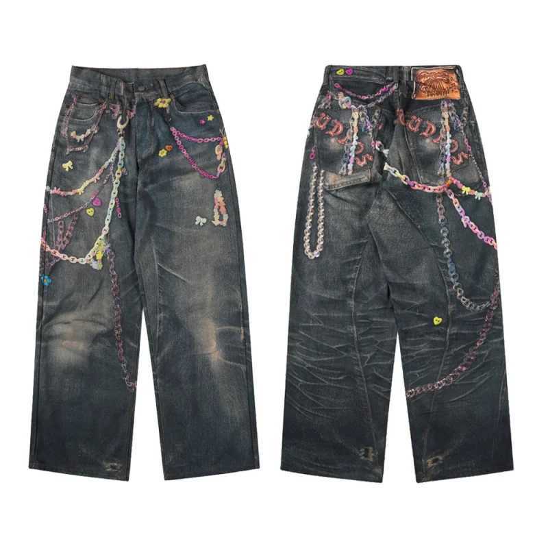 LKC060 Early autumn AC home digital candy printed bead canvas jeans mens trendy brand loose wide leg straight leg pants W250701 W250701