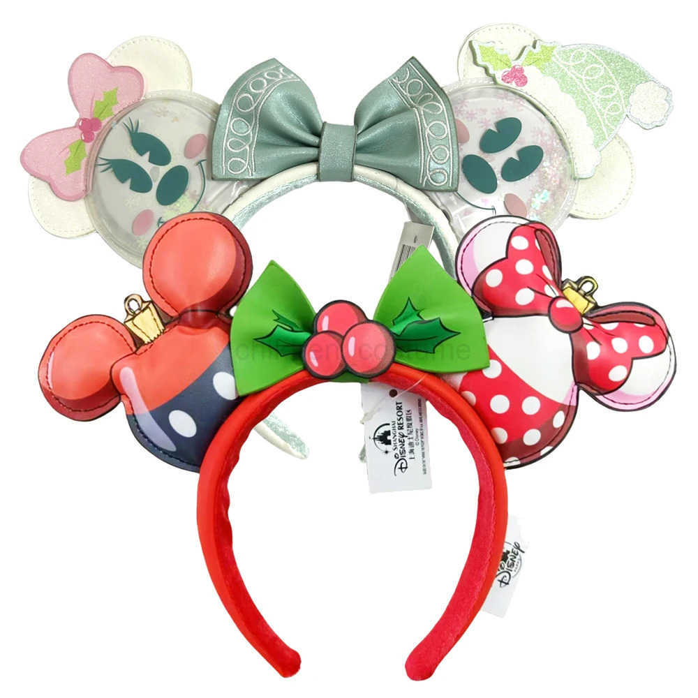 Disney 2pcs Disney Gingerbread Mickey Minnie Headband Adults/Child Disneyland PU Leather Bow Ear Women Christmas Gifts W250701