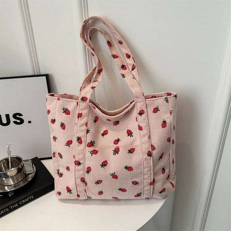 Corduroy Handbag Strawberries Beach Fashionable Versatile Shoulder LargeCapacity Simple Commuter Women's Tote Bag Bolsos