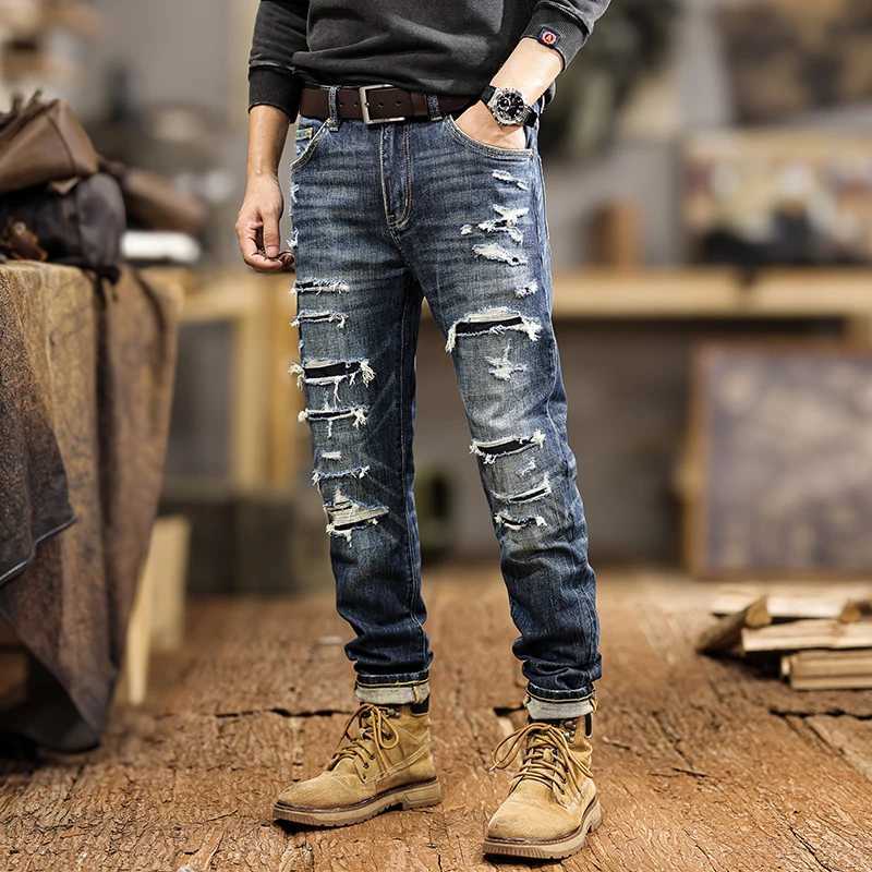 JXNS3 New American retro washed jeans men do old heavyweight design sense splicing Slim small leg trousers tide W250701 W250701
