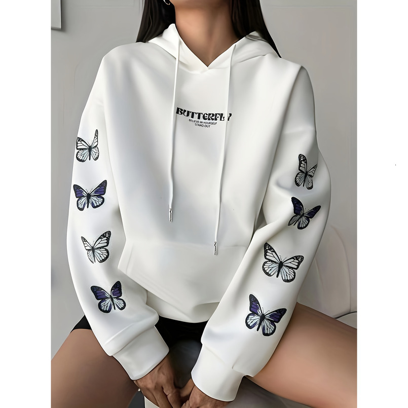 Women's Casual Butterfly Print Hoodie, Polyester Knit, with Pocket, Autumn Winter Fashion Pullover