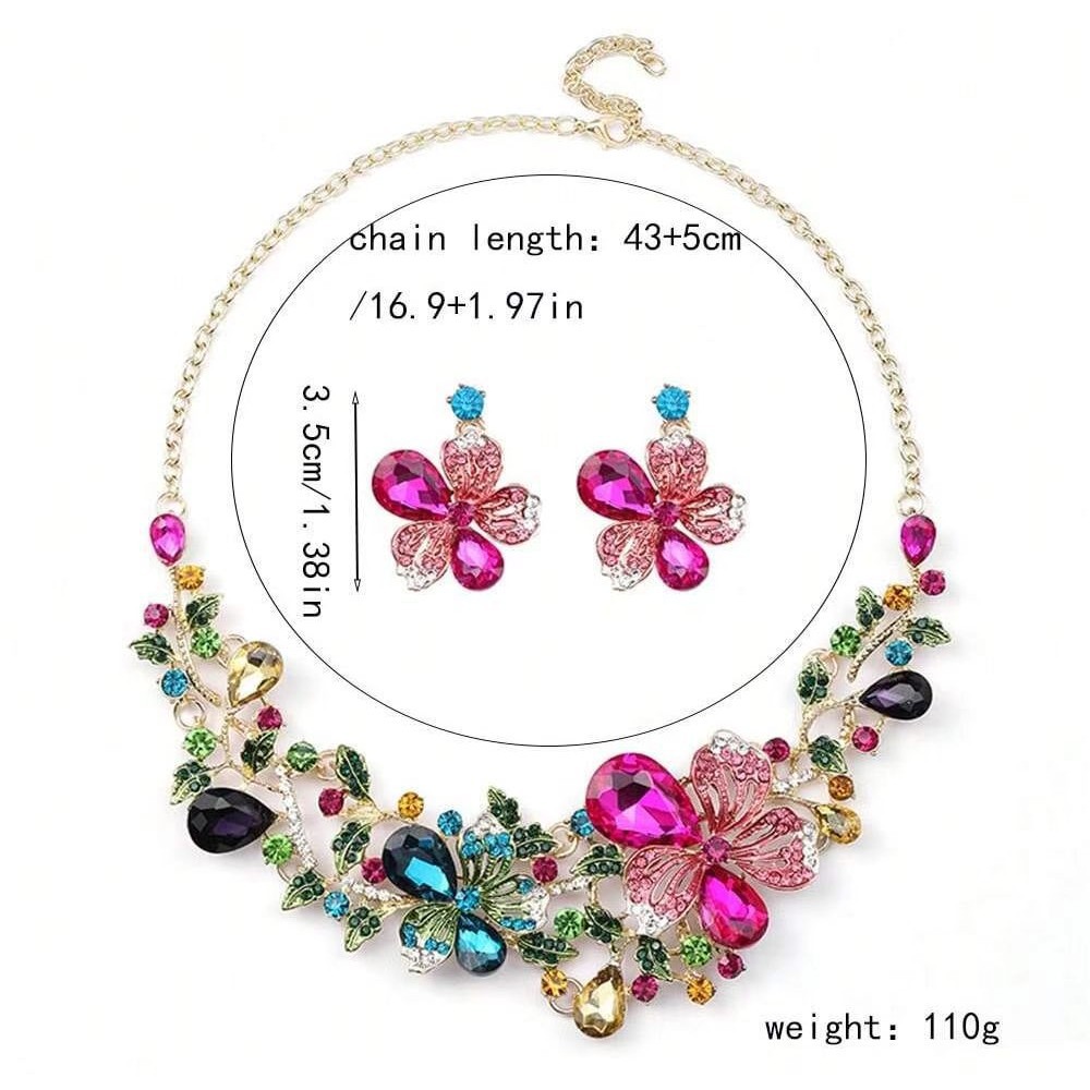 European and American rose flower colorful rhinestone glass jewelry set jewelry necklace colored handmade earrings fashion women's party wedding 