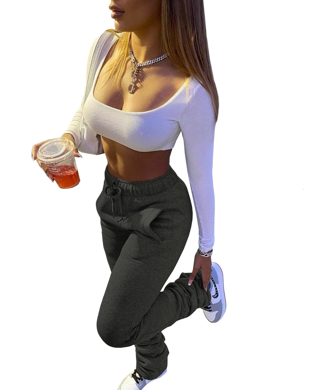 2025 Thickened Sweatshirt Pants Women's Sweatshirt Pants Women's Drawstring Stacked Pants Explosive With Pockets