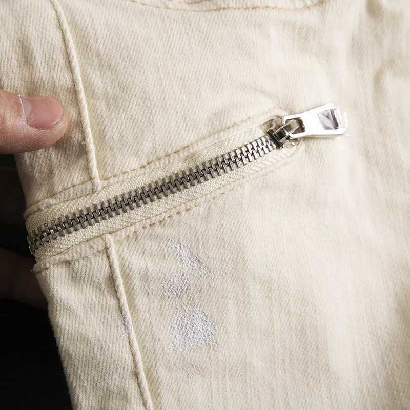 Graffiti Splashed Ink Patchwork Jeans Mens Beige High Street Cool Casual Fashion Elastic Zipper Slim Fit Small Leg Pants W250701 W250701