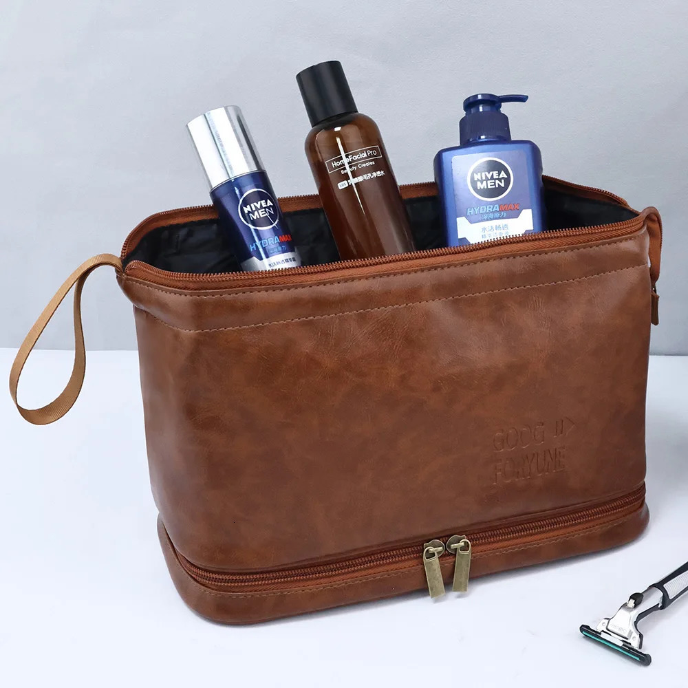 Men Business Travel Wash Toiletry Bag Waterproof PU Leather Bathroom Shaving Tools Organizer Bag Makeup Pouch Women Cosmetic Bag 250701