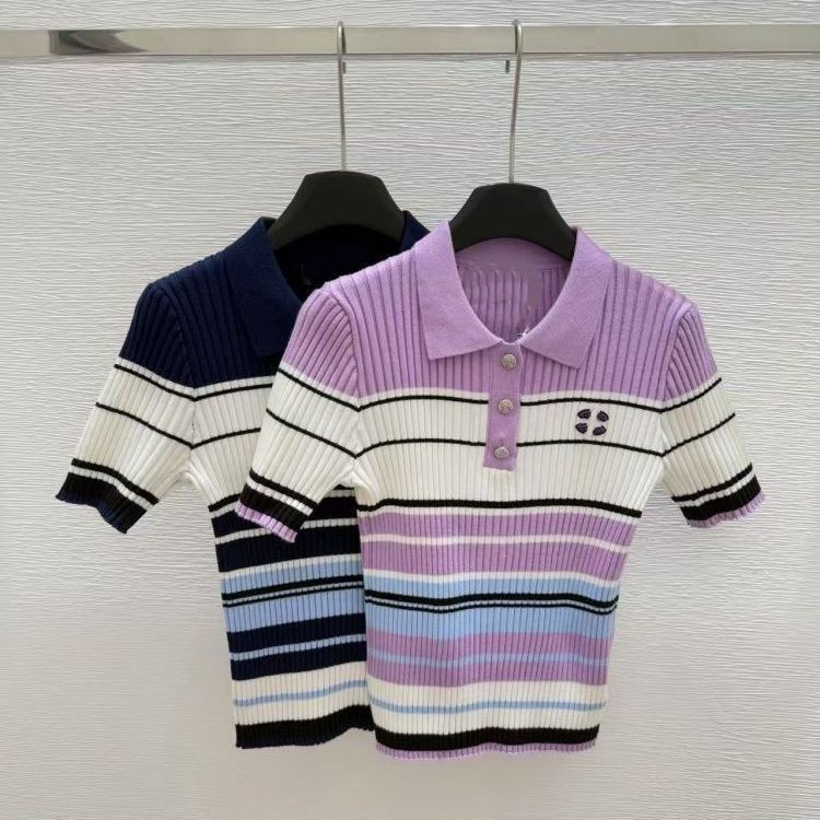 New design women designer logo letter embroidery turn down collar knitted short sleeve shirts stripe knitwear tops SMLXLXXL
