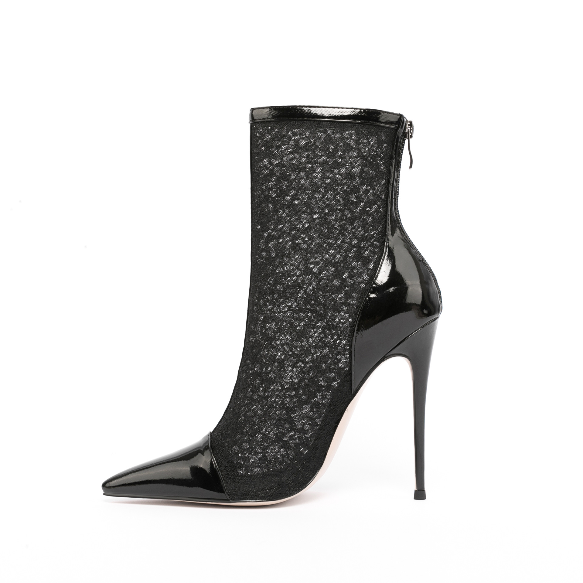 Women's Sheer Mesh and Lace Ankle Boots - Pointed Toe Color-Block Stiletto Heel Peep-Toe Booties, Back Zipper, Cut-Out Design
