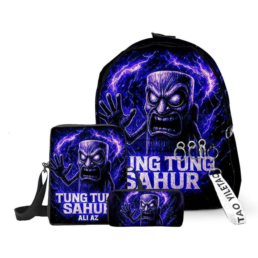 Fashion Novelty tungtungtung 3D Printed 3pcs/Set School Bags Keychains Oxford Small Backpack Inclined shoulder bag Pencil Case