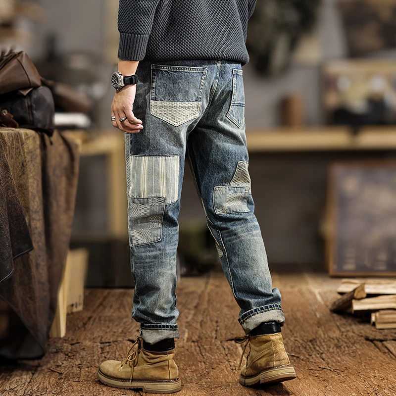 JXNH23 American Gangster splicing patch mens jeans spring tide Slim straight trousers washed vintage colour W250701 W250701