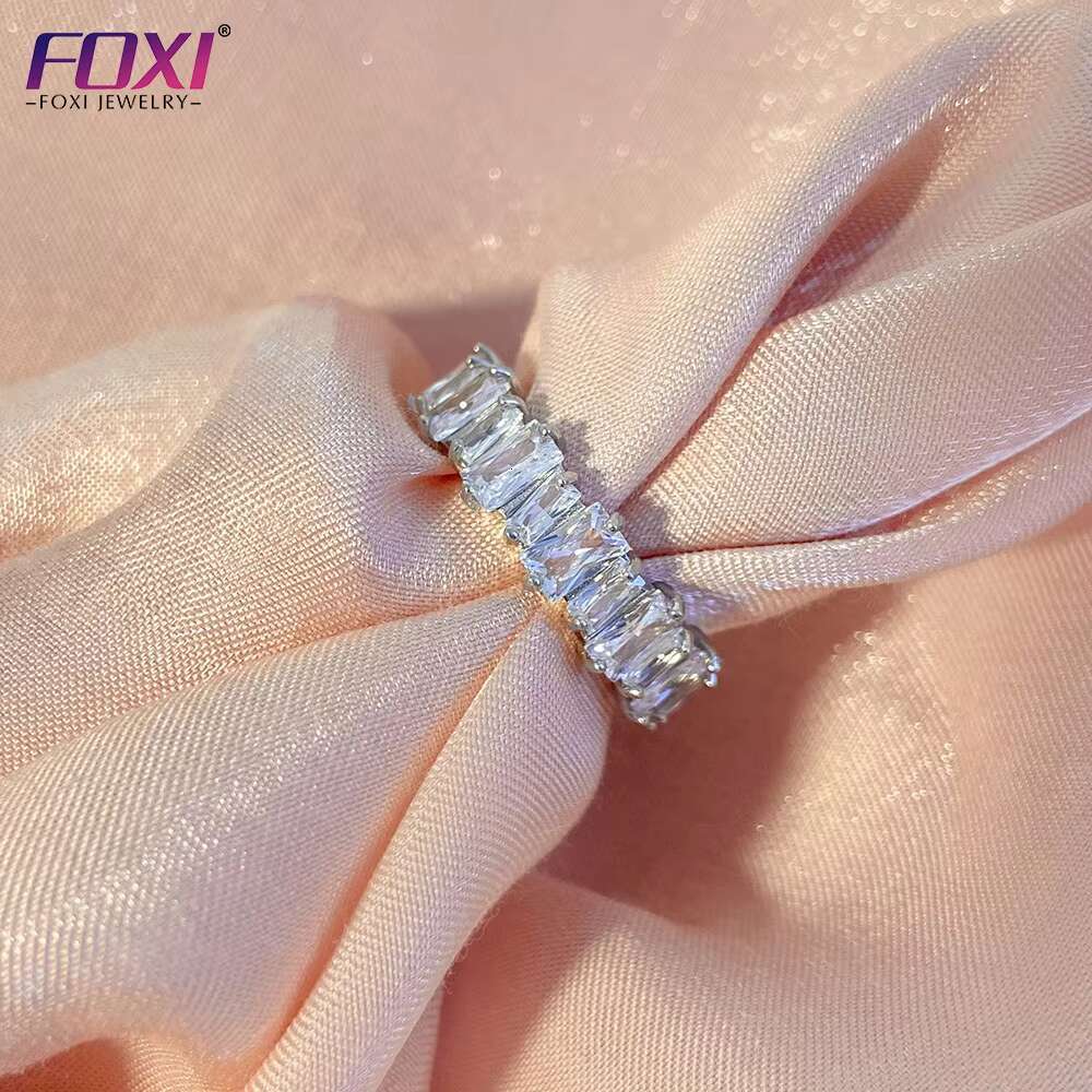 Classic Cz Baguette Eternity Band Engagement Ring 925 Sterling Silver Non Tarnish Full Iced Out Sparkle Emeral Cut Finger Ring