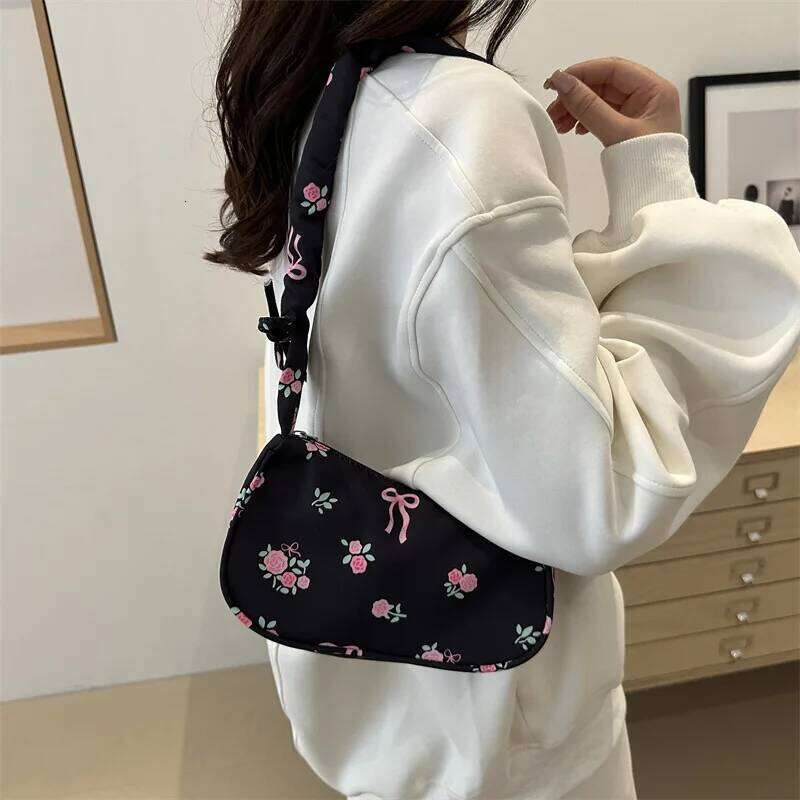 Women's Underarm Summer Canvas Pleated Handlebags Armpit Purse FloralBow Printed Zipper Tote Handbag Female Y2k Shoulder Bag