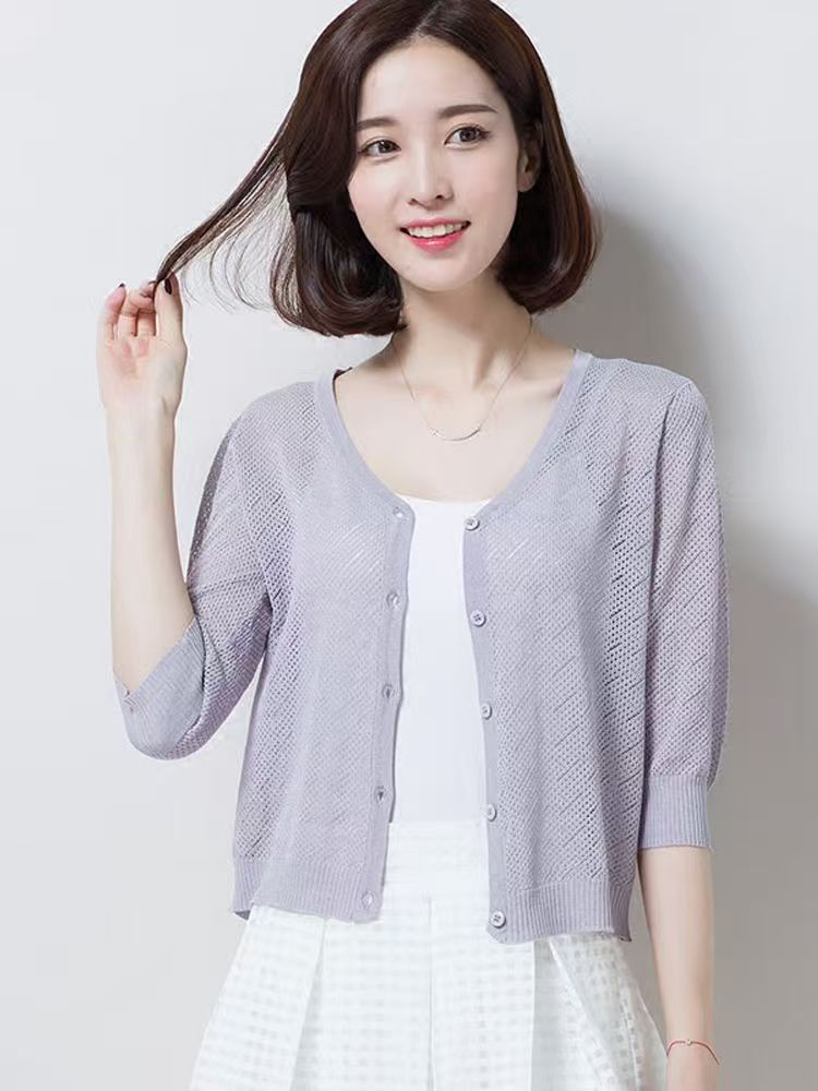K1195 Knitted cardigan women's thin round neck hollow sun protection air conditioning shirt mulberry silk top summer