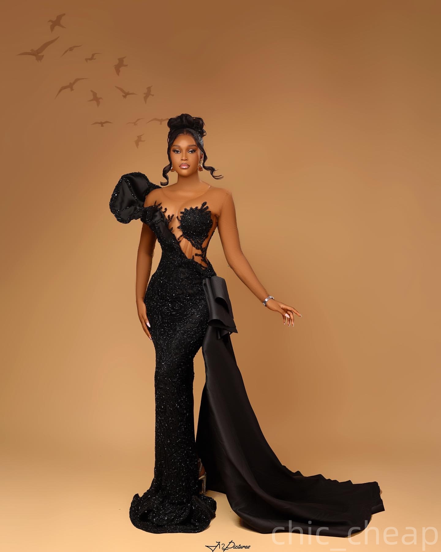 Mermaid Black Prom Dresses 2025 Beaded Sequined Sheer Neck Evening Formal Party Second Birthday Engagement Gowns Plus Size Dress For Special Occasions