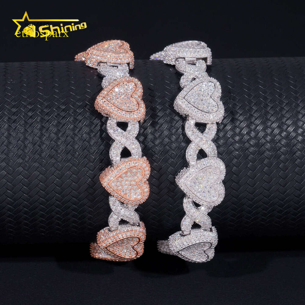 Heart Mixed Infinity Shape Bracelet VVS Moissanite Sterling Sier Ice Out Dia Mossanite Cuban Link Chain