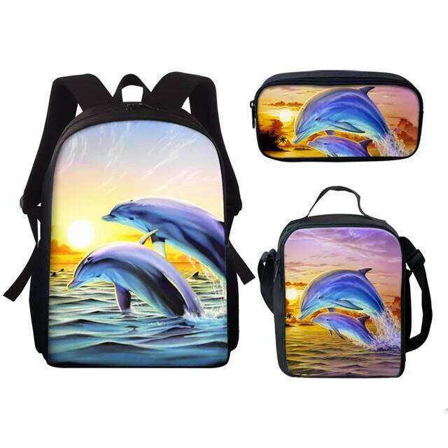 Fashion Novelty Cool Dolphin 3D Print 3pcs/Set pupil School Bags Laptop Daypack Backpack Lunch bag Pencil Case